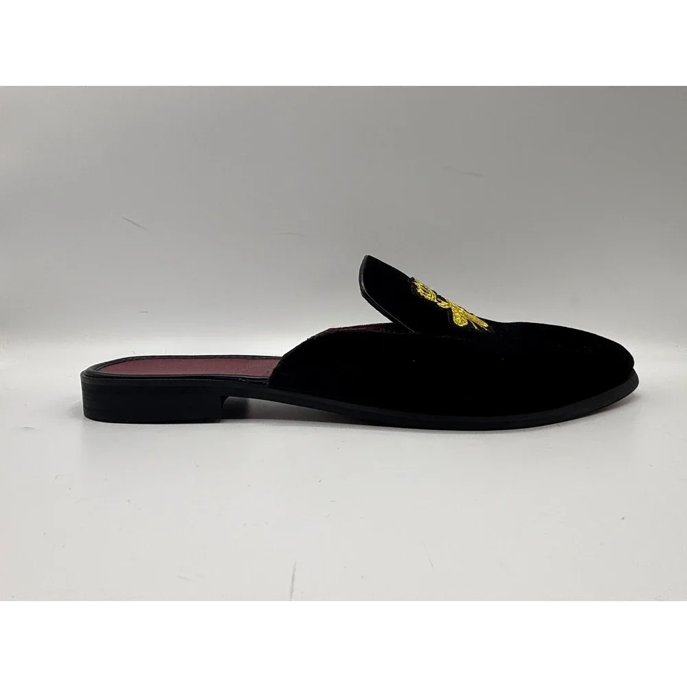 Black Velvet Bee Embroidered Slip-On Mule Loafers Slippers Men's Luxury Size 12